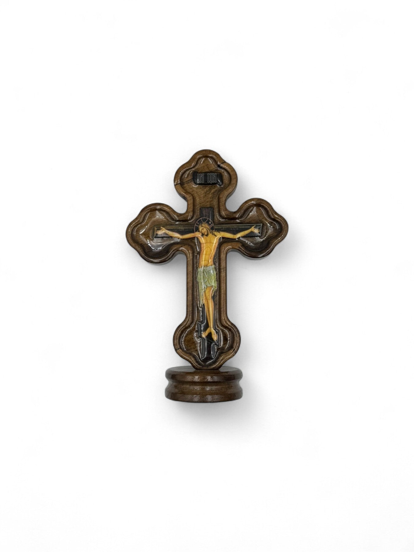 Σταυρός Ξύλινος Επιτραπέζιος Με Εσταυρωμένο Καφέ - 21×13.5 cm