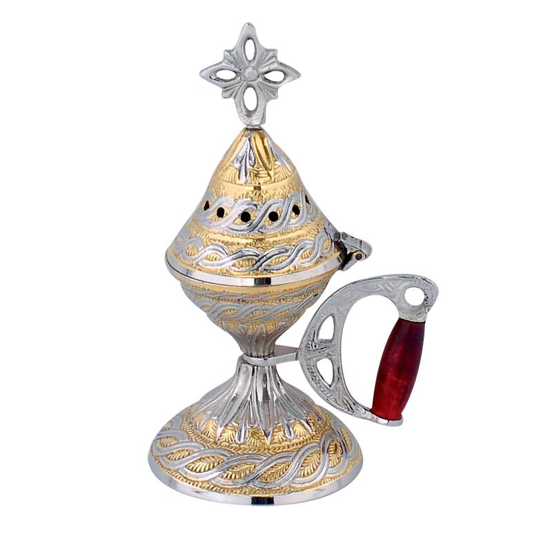 Θυμιατό Μπρούτζινο Επιτραπέζιο Ασημί - Σκαλιστό Ξύλινη