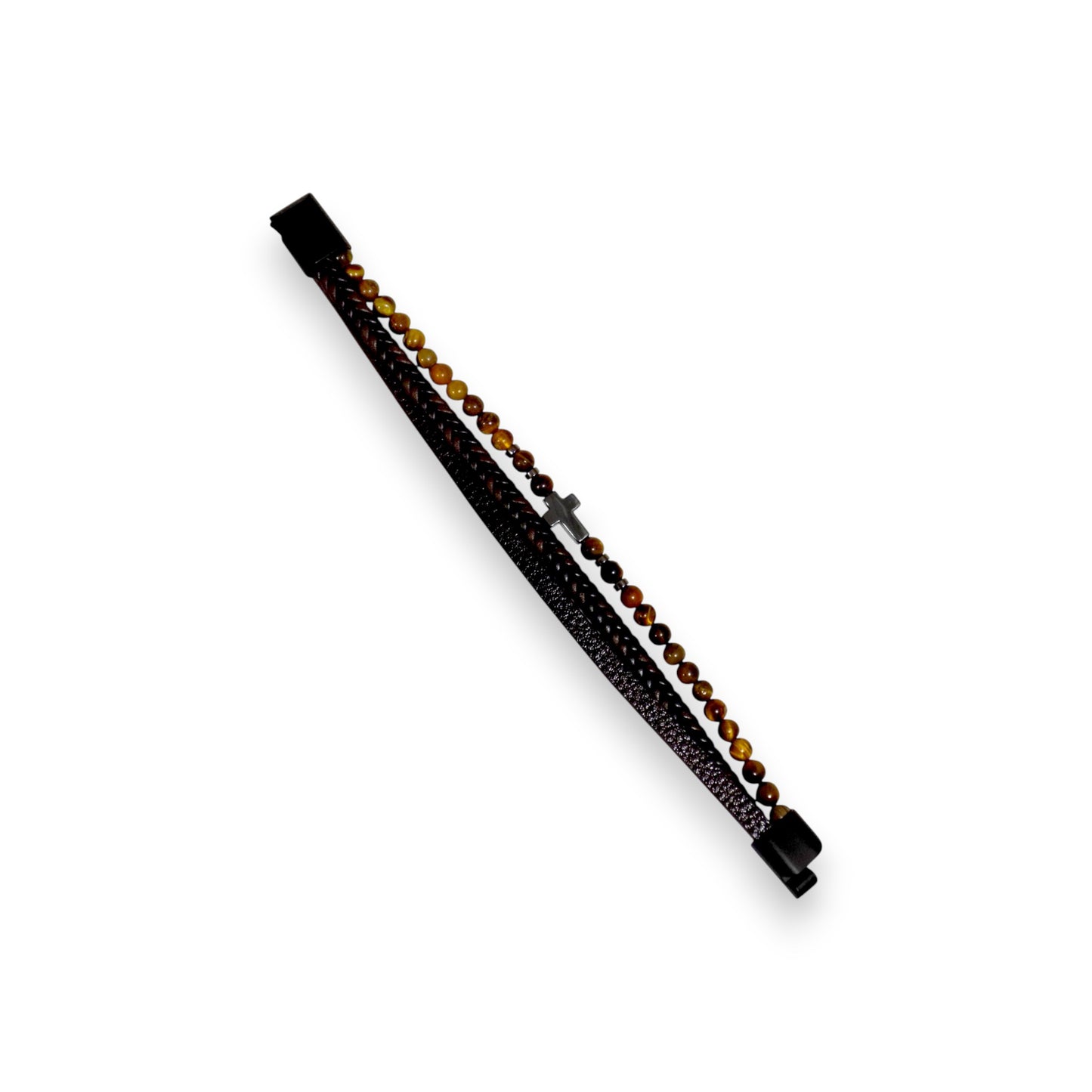 Αντρικό Βραχιόλι Πέτρες Ηφαιστείου - Δερματίνη Με Σταυρό