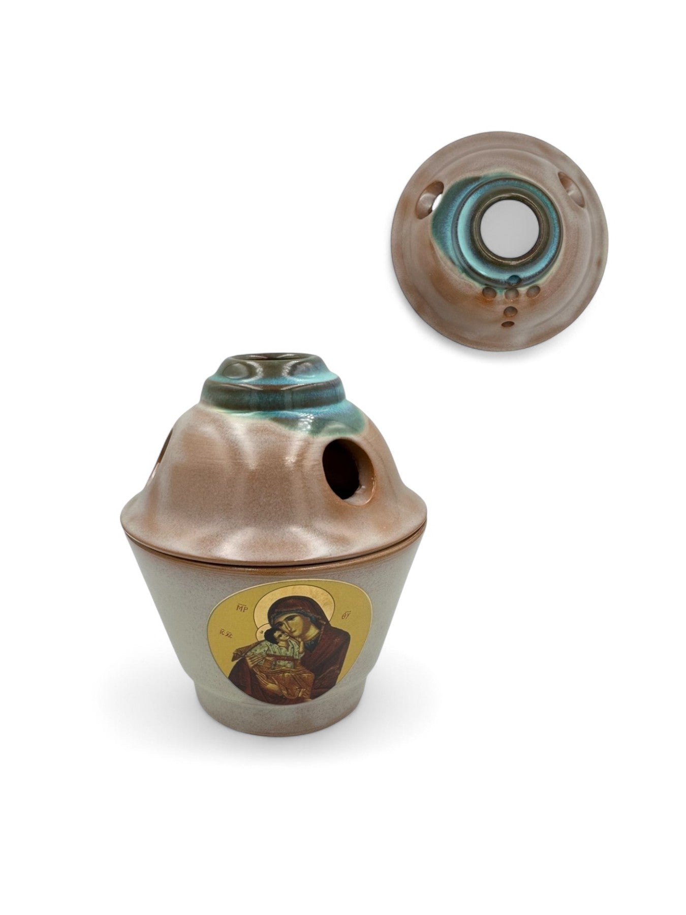 Καντήλι Πήλινο με απεικόνιση Παναγία Γλυκοφιλούσα Καφέ Γαλάζιο - 6 Χρώματα