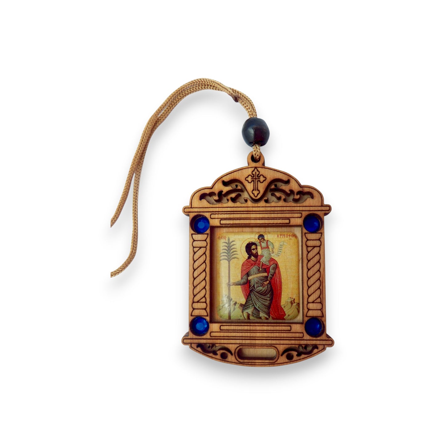 Κρεμαστό Ξύλινο Μπλε Χάντρα - Άγιος Χριστόφορος