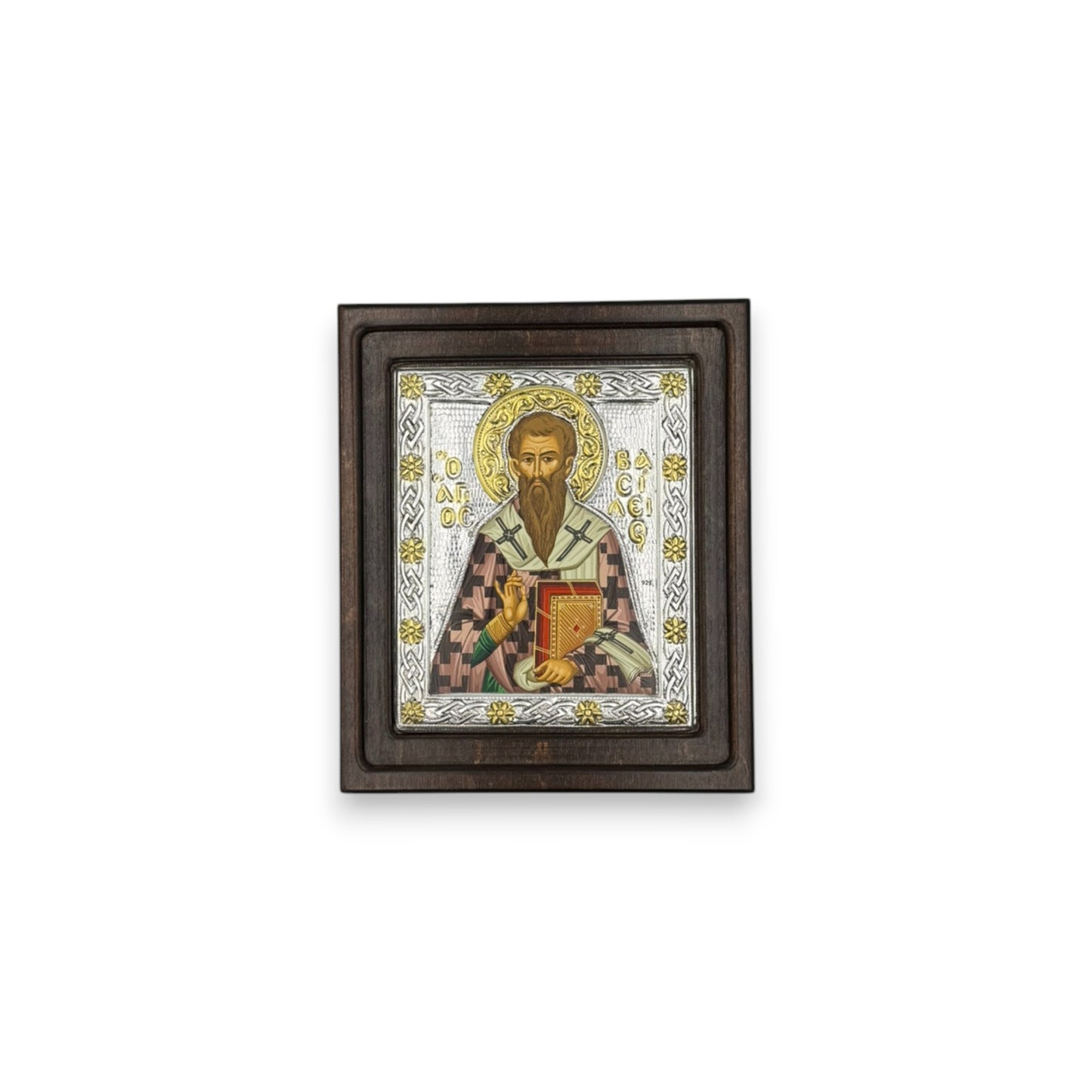 Άγιος Βασίλειος – Ασημένια Εικόνα σε Ξύλο με Επιχρύσωση Τετράγωνη ( Άγιο Όρος )