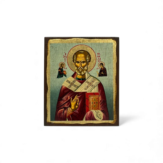 Άγιος Νικόλας - Ξύλινη Παλαιωμένη Με Χρυσό Φόντο - Ποικιλία Αγίων