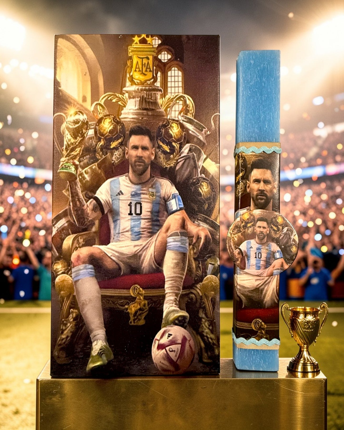 Χειροποίητη πλακέ πασχαλινή λαμπάδα Messi με εκτυπωμένο καμβά