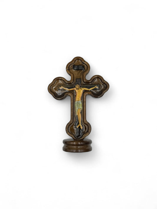 Σταυρός Ξύλινος Επιτραπέζιος Με Εσταυρωμένο Σκούρο Καφέ - 21×13.5 cm
