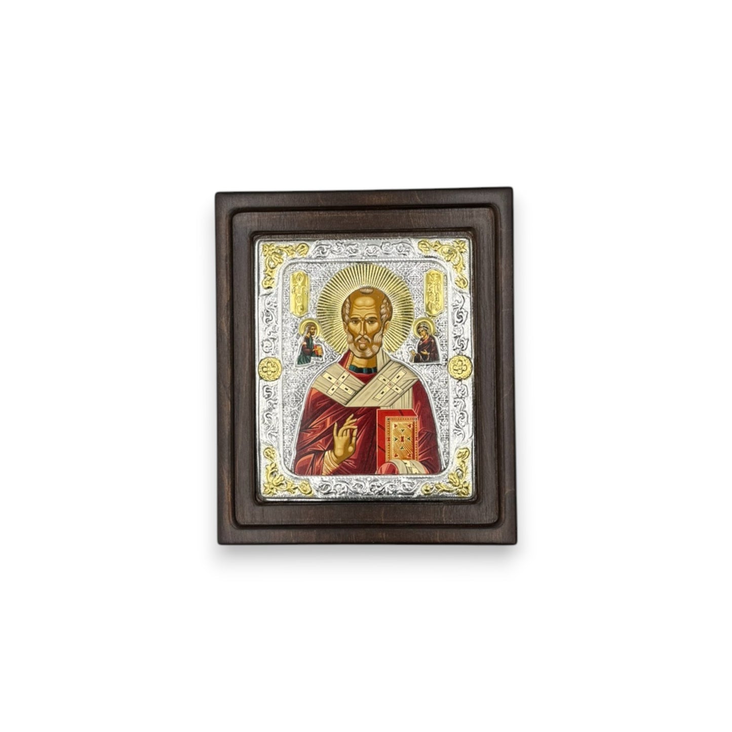 Άγιος Νικόλαος – Ασημένια Εικόνα σε Ξύλο με Επιχρύσωση Τετράγωνη ( Άγιο Όρος )