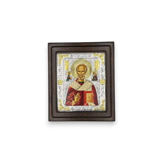 Άγιος Νικόλαος – Ασημένια Εικόνα σε Ξύλο με Επιχρύσωση Τετράγωνη ( Άγιο Όρος )