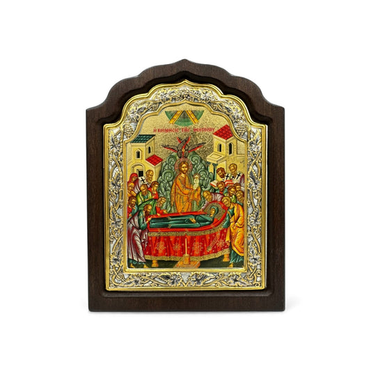 Η Κοίμησις της Θεοτόκου – Ασημένια Εικόνα σε Ξύλο με Επιχρύσωση ( Άγιο Όρος )