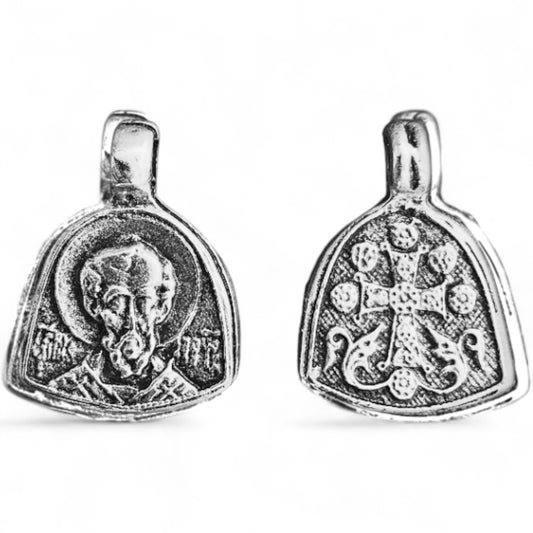 Επάργυρο Μενταγιόν Λαιμού Άγιος Νικολαος & Σταυρός 1.8×1.2cm