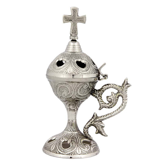 Θυμιατό Μπρούτζινο Επιτραπέζιο Ασημί - Σκαλιστό Φύλλο