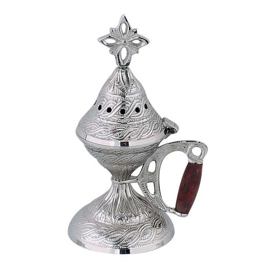 Θυμιατό Μπρούτζινο Επιτραπέζιο Ασημί - Σκαλιστό Ξύλινη