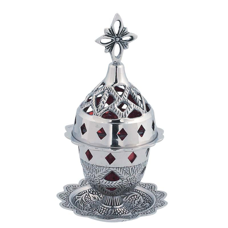 Καντήλι Μπρούτζινο Σκαλιστό Με Πιατάκι Ασημί - Επιτραπέζιο