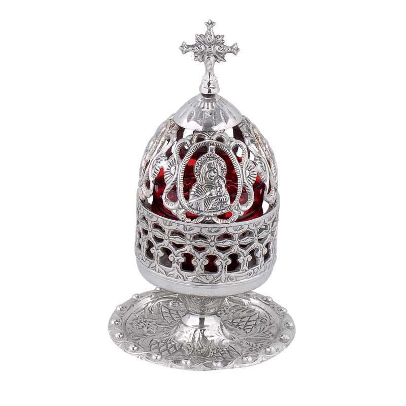 Καντήλι Μπρούτζινο Με Πιατάκι και Παναγία Δίχρωμο - Επιτραπέζιο