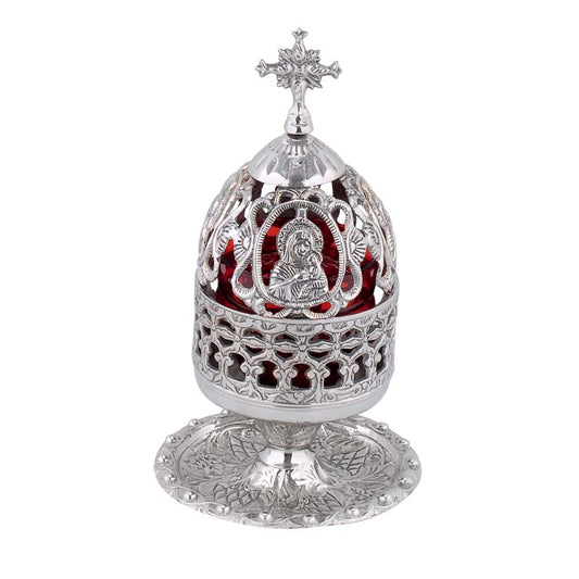 Καντήλι Μπρούτζινο Με Πιατάκι και Παναγία Ασημί - Επιτραπέζιο