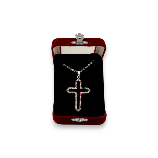 Σταυρός Λαιμού Ατσάλινος Περίγραμμα Πέτρες- 2 Χρώματα