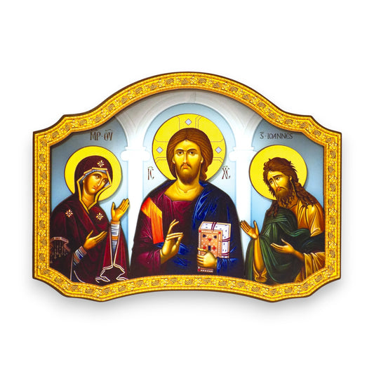 Ξύλινη Επιτραπέζια Εικόνα με Εκτύπωση Λέιζερ – Πανάγια, Χριστός & Άγιος Ιωάννης ο Πρόδρομος