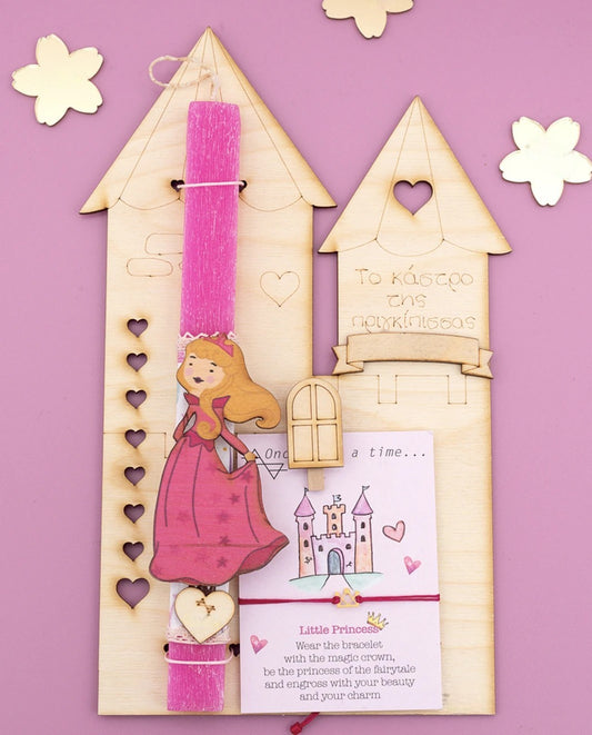 Παιδική πασχαλινή ροζ λαμπάδα με ξύλινο κάδρο πριγκίπισσα ροζαλία του κάστρου
