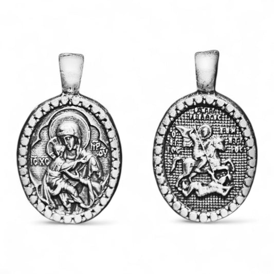 Eπάργυρο Μενταγιόν Λαιμού Παναγία & Άγιος Δημήτριος 3×1.8cm